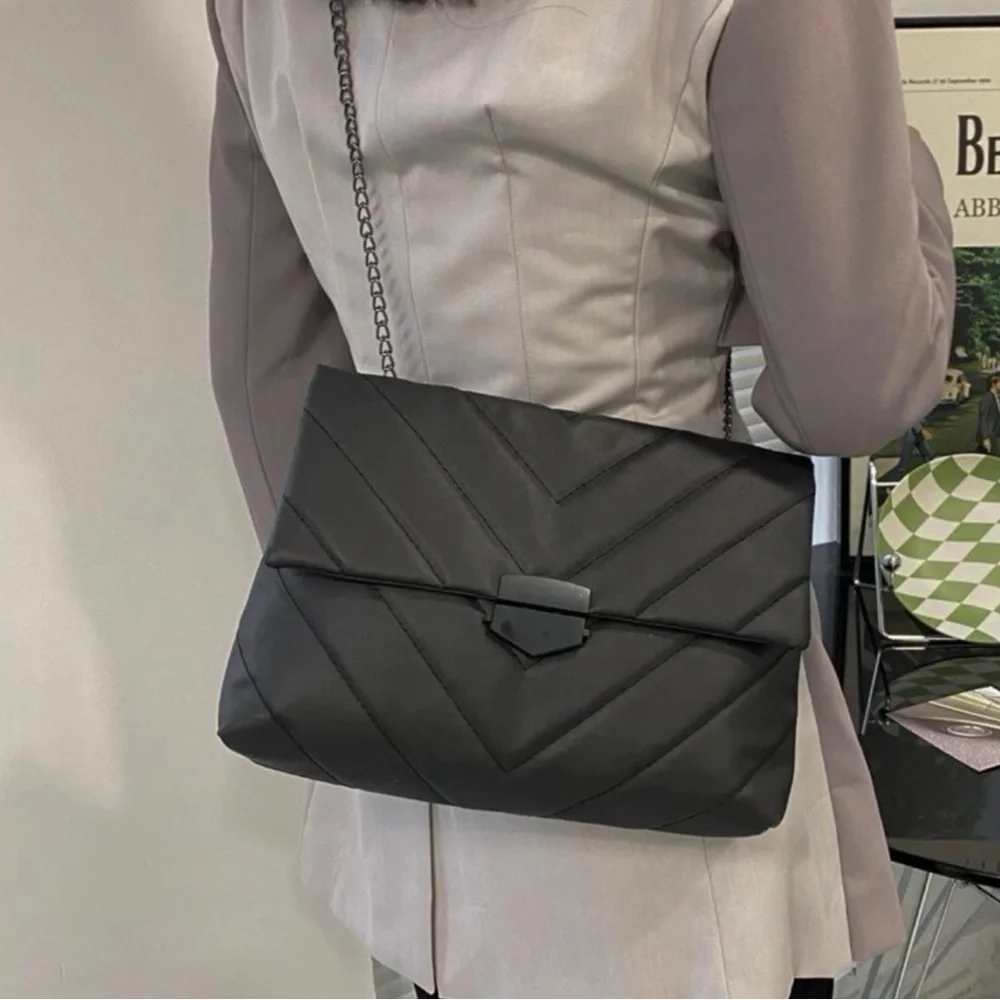 Vegan Leather Black Quilted Shoulder Bag with Chain Straps - Picture 2 of 5